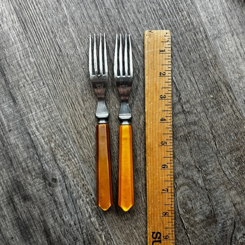 Vintage Chrome Plate Butterscotch Bakelite Style Handle Forks Set of 2 MCM‎ Deco